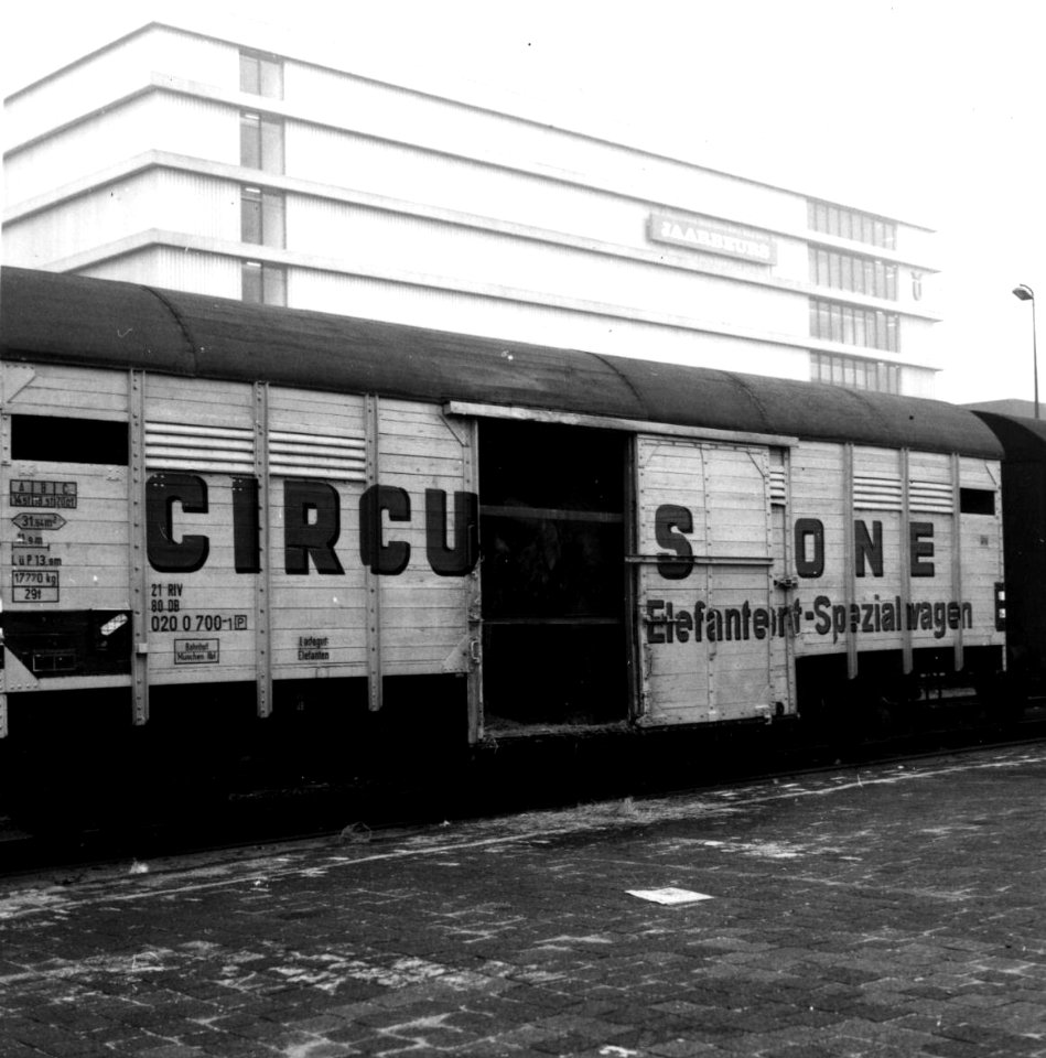 HUA-154145-Afbeelding van een olifant in een speciale olifantenwagon van Circus Krone op het N.S.-station Utrecht C.S. te Utrecht