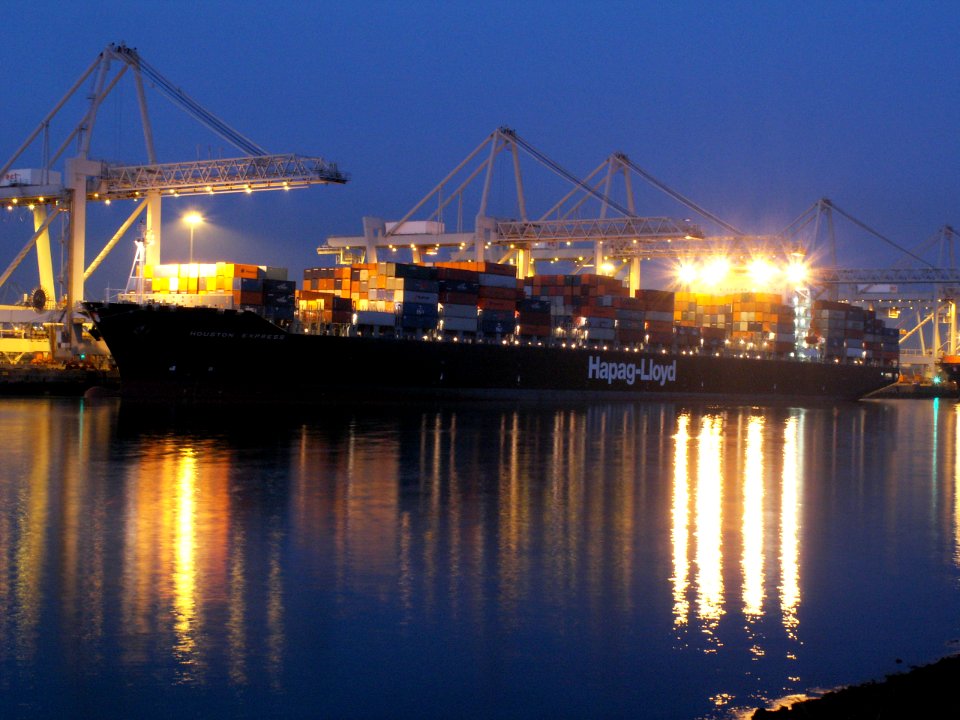 Houston Express by night, leaving Port of Rotterdam, Holland 24-Jan-2006