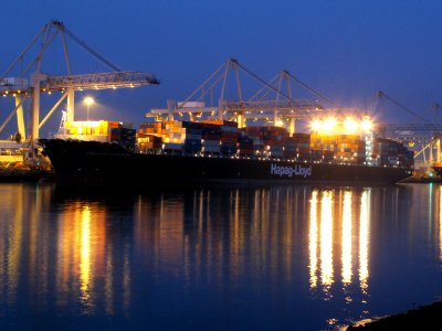 Houston Express by night, leaving Port of Rotterdam, Holland 24-Jan-2006