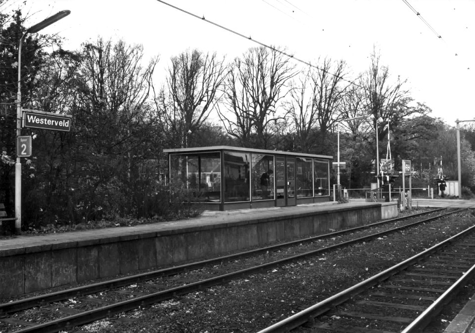 HUA-150832-Gezicht op het perron met een wachtruimte Leidse abri en overweg van het NS station Westerveld te Velsen