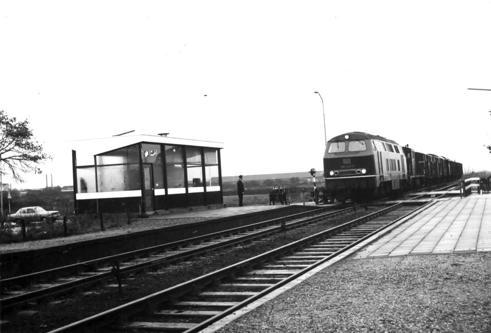 HUA-150656-Gezicht op het N.S.-station Sappemeer Oost te Sappemeer met een goederentrein getrokken door een diesel-hydraulische locomotief uit de serie 216 van de D.B