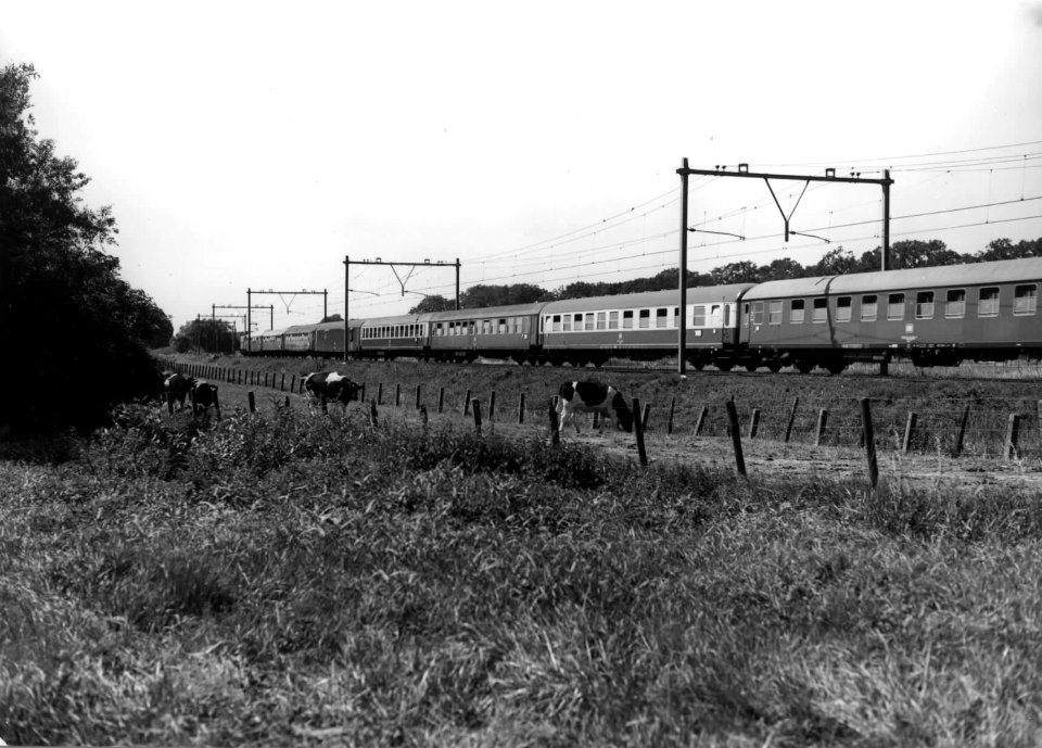 HUA-151066-Afbeelding van een door een electrische locomotief uit de serie 1100 van de N.S. getrokken trein met internationale rijtuigen van de Deutsche Bundesbahn (D.B.) ter hoogte van Bunnik