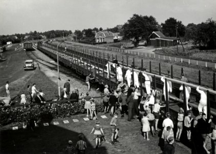 HUA-171250-Afbeelding van het beladen van goederenwagens rongenwagens met drie 110 meter lange plastic buizen van de firma Wavin te Hardenberg voor transport naa