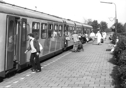 HUA-171355-Afbeelding van een diesel-electrisch treinstel DE 3 (plan U) langs het perron van het N.S.-station Cuijk te Cuijk, met in- en uitstappende treinreizigers