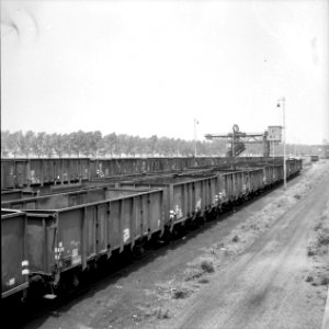 HUA-159837-Gezicht op het emplacement van de N.S. te Born met rijen open goederenwagens voor het vevoer van steenkolen. Op de achtergrond de kolentip voor de overslag van steenkolen op schepen