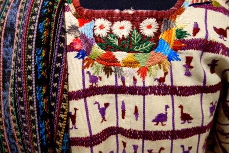 Huipil, skirt, and shawl, Tz'utujil Maya, Santiago Atitlan, view 2, mid 20th century, cotton, silk, and synthetic - Textile Museum of Canada - DSC01218