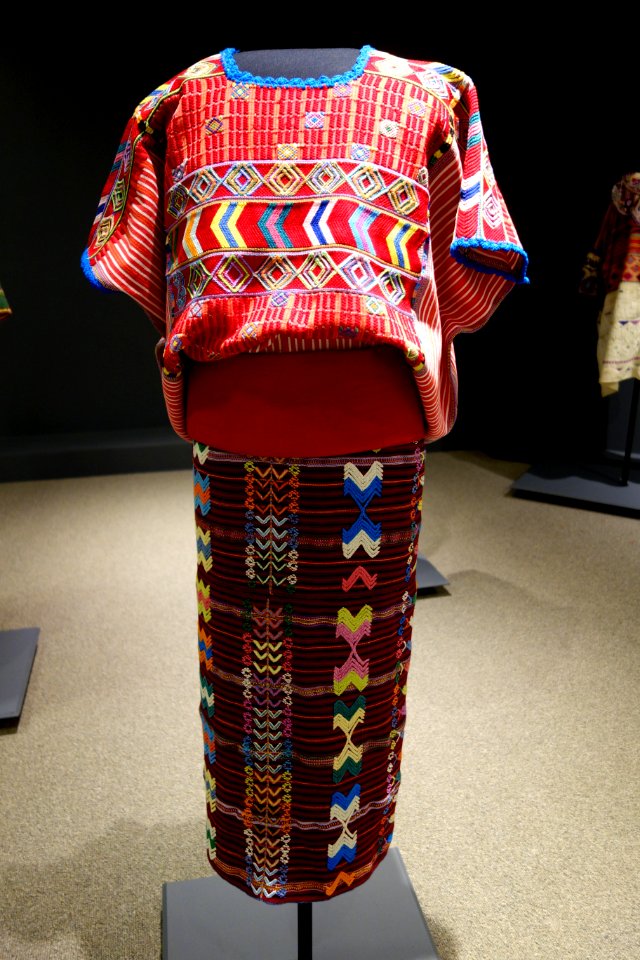 Huipil, skirt, belt, mid 20th century, Mam Maya, mid 20th century, huipil and skirt from Colotenango, belt from Guatemala, cotton - Textile Museum of Canada - DSC01059
