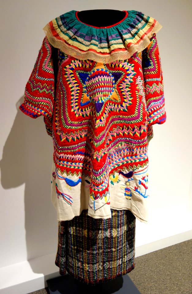 Huipil, Chuj Maya, San Mateo Ixtatan, mid 20th century, cotton and synthetic, and skirt, Maya, Guatemala, mid 20th century, cotton, metallic thread - Textile Museum of Canada - DSC01400