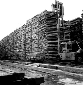 HUA-167650-Afbeelding van de opslag van hout op het terrein van de Houtbereidingsbedrijf van de N.S. (HBI) te Dordrecht