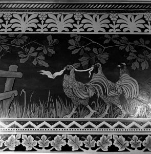HUA-153760-Detail van de wandschilderingen Fabel van de vos de haan en de kippen in de Koninklijke wachtkamer van het NS station Amsterdam CS te Amsterdam