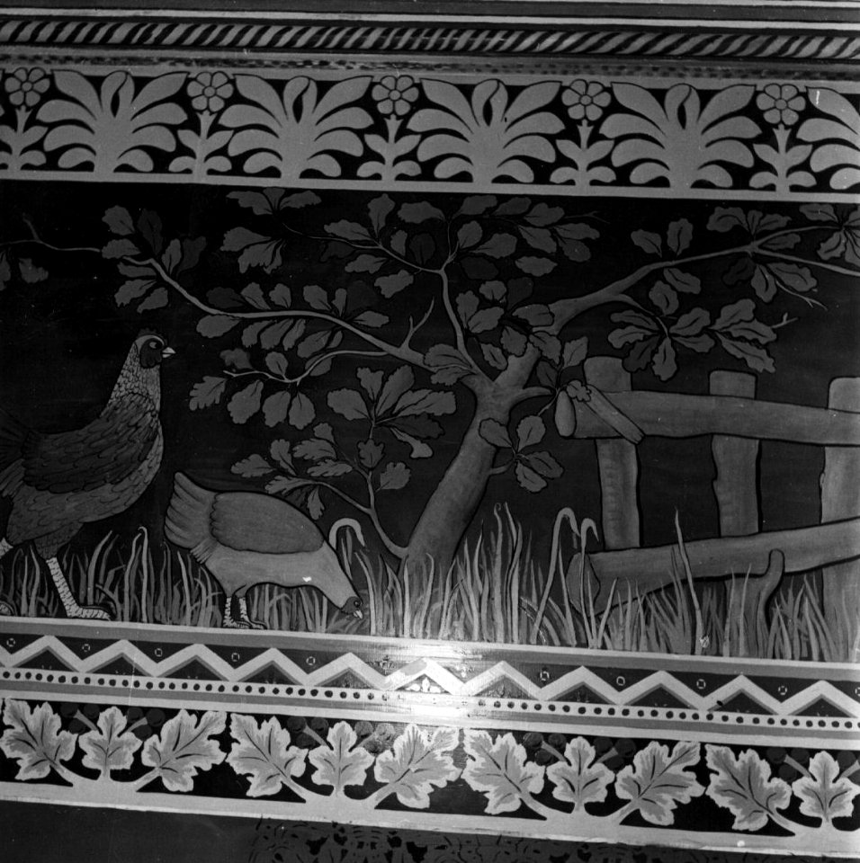 HUA-153759-Detail van de wandschilderingen "Fabel van de vos, de haan en de kippen" in de Koninklijke wachtkamer van het N.S.-station Amsterdam C.S. te Amsterdam