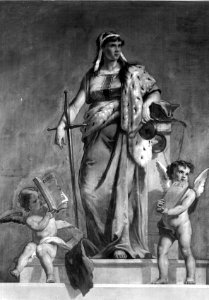 HUA-156744-Afbeelding van een wandschildering voorstellende "Justitia" in het trappenhuis van het Koninklijk paviljoen van het N.S.-station Den Haag H.S. te Den Haag