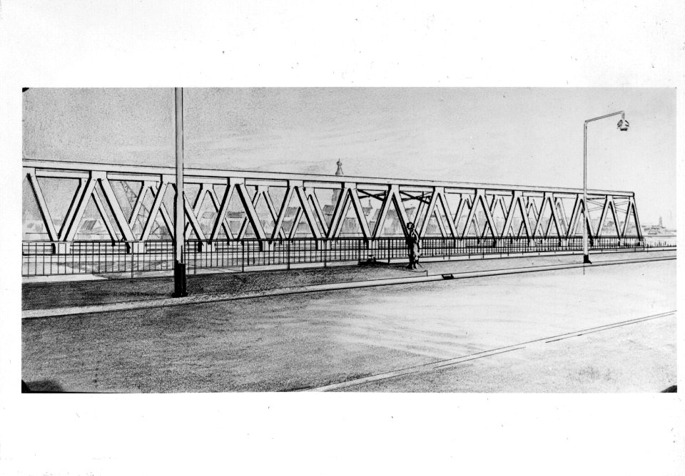 HUA-153613-Afbeelding van een tekening van de spoorbrug over de Maas bij Venlo