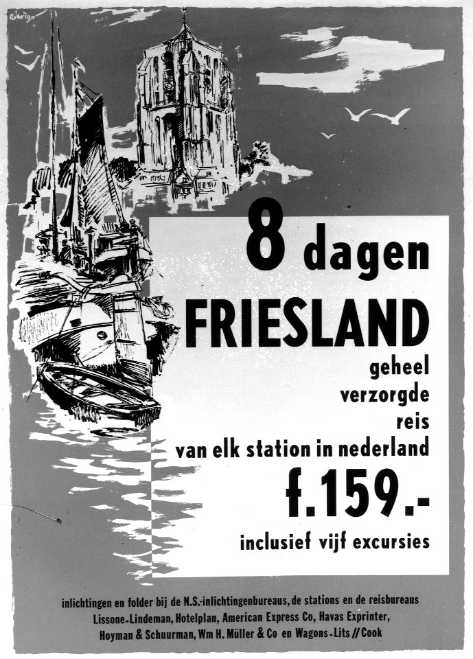 HUA-167097-Afbeelding van het affiche van de N.S. voor een geheel verzorgde reis van 8 dagen naar Friesland