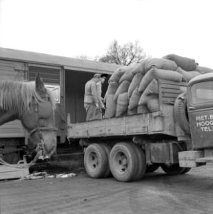 HUA-167050-Afbeelding van het overladen van zakken graan van vrachtauto naar goederenwagens van de N.S. te Amersfoort