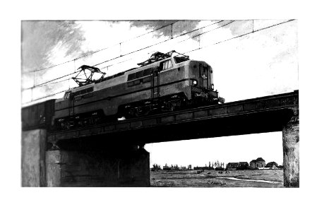 HUA-164116-Afbeelding van het schilderij, vervaardigd door C. Bolding, aangeboden door de firma Heemaf te Hengelo naar aanleiding van de levering van de electrische locomotieven serie 1200 aan de N.S