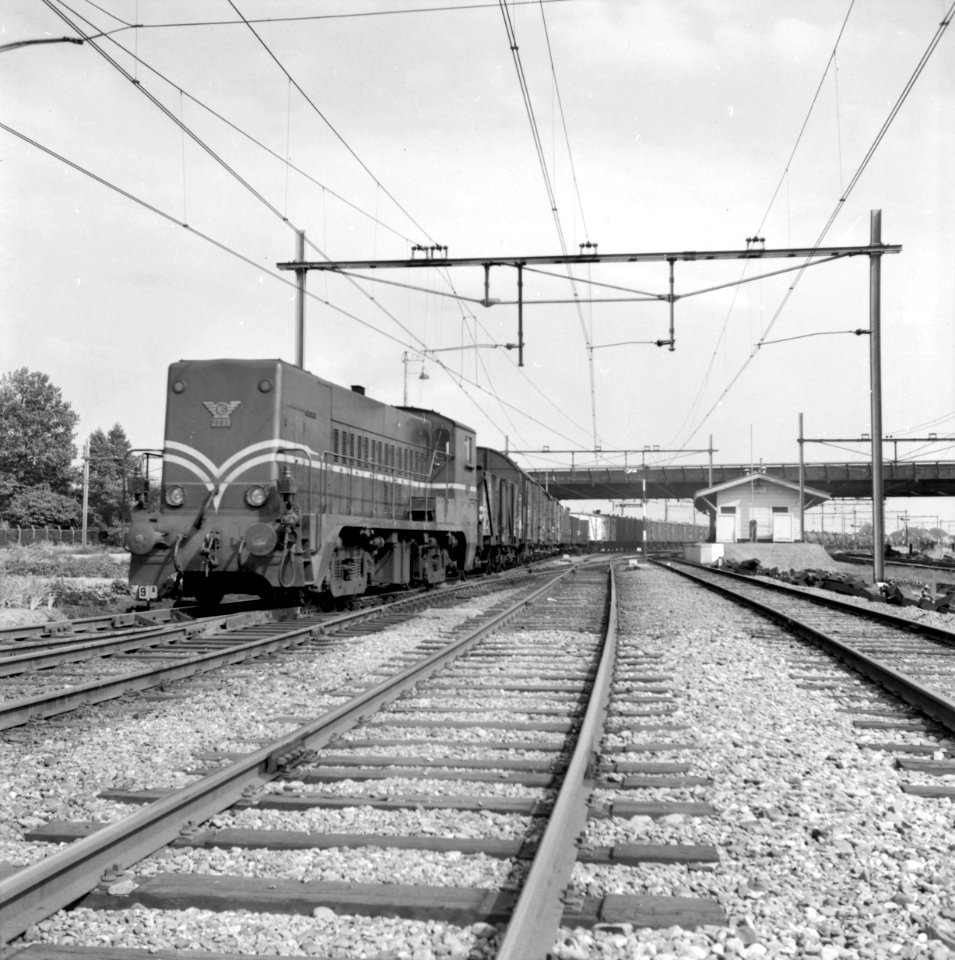 HUA-166589-Afbeelding van de diesel-electrische locomotief nr. 2233 (serie 2200-2300) van de N.S. met een goederentrein te Lunetten (Utrecht). Rechts op de achtergrond het voormalige haltegebouw