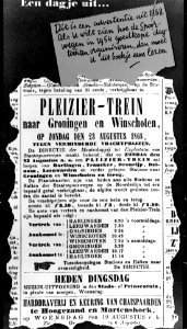 HUA-167099-Afbeelding van een advertentie van de NS uit 1954 voor dagtochten per trein waarbij gebruik wordt gemaakt van een oude advertentie van de SS uit 1868 