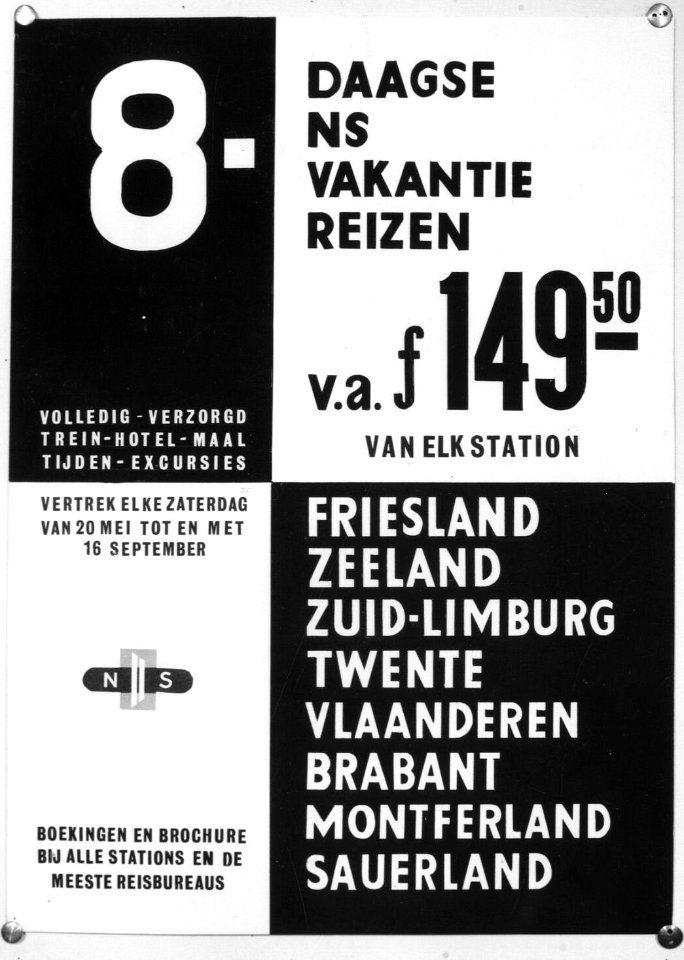 HUA-167103-Afbeelding van een affiche van de N.S. voor 8-daagse vakantiereizen per trein naar Friesland, Zeeland, Zuid-Limburg, Twente, Vlaanderen, Brabant, Montferland en Sauerland