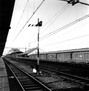 HUA-166754-Afbeelding van een armsein langs één van de perronsporen van het N.S.-station Groningen te Groningen, met op de achtergrond enkele stukgoederenwagens langs de loods van Van Gend & Loos