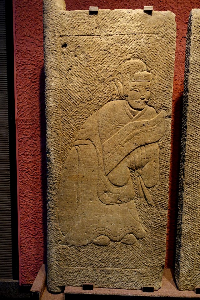 Holding Shield and Holding Broom tomb doors, 1 of 2, China, unearthed from Lanjia Yard, Pixian County, Sichuan, Eastern Han dynasty, 25-220 AD, stone - Sichuan Provincial Museum - Chengdu, China - DSC04745