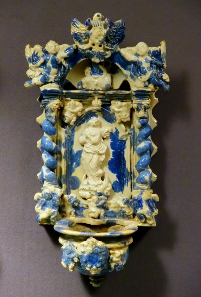 Holy water container, Poland or Austria, 1600s, tin-glazed ceramics - Museum of Anthropology, University of British Columbia - DSC09059