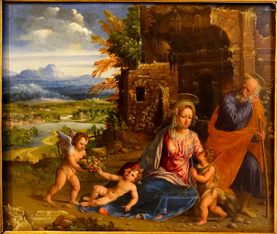 Holy Family with St. John and Angels, by Battista di Dosso (Battista Luteri), shortly after 1510, oil on panel - Galleria Borghese - Rome, Italy - DSC04656