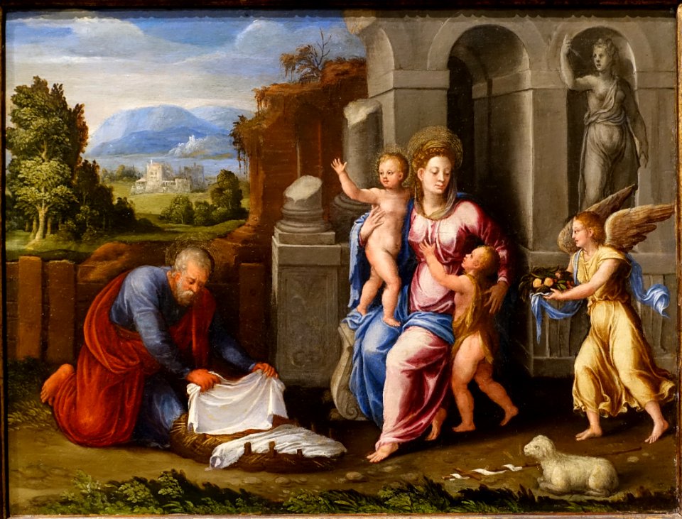 Holy Family with the Young Saint John the Baptist and an Angel, Girolamo da Carpi, Bologna, 1540s, oil on panel - Blanton Museum of Art - Austin, Texas - DSC07734