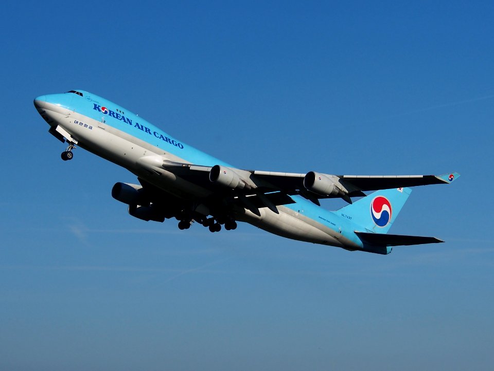 HL7437 Korean Air Cargo Boeing 747-400F takeoff from Schiphol (AMS - EHAM), The Netherlands, 16may2014, pic-002