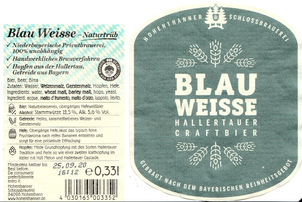 Hohenthanner Schlossbrauerei - Blau Weisse