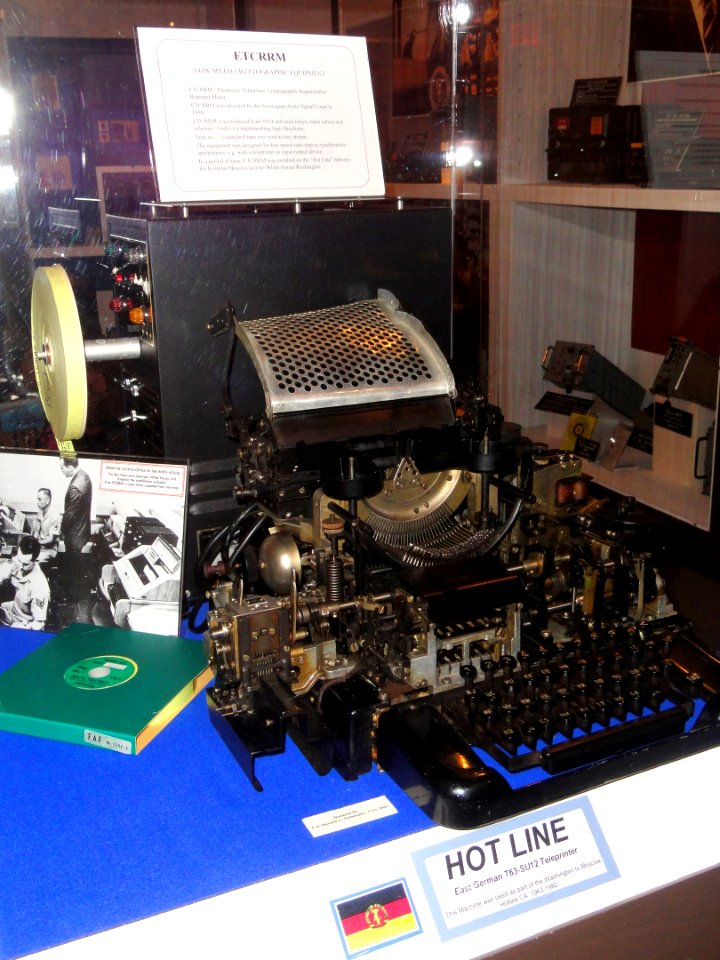 Hot Line for Washington-Moscow link, c. 1963-1980, an East German T63-SU12 teleprinter & Norwegian Electronic Teleprinter Cryptographic Regenerative Repeater Mixer (ETCRRM) - National Cryptologic Museum - DSC08033