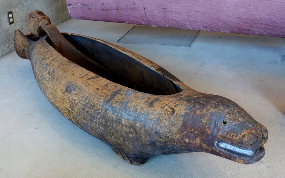 House dish in the form of a seal, Kwakwaka'wakw, Smith Inlet, BC, c. 1860, red cedar, paint - Museum of Anthropology, University of British Columbia - DSC08752