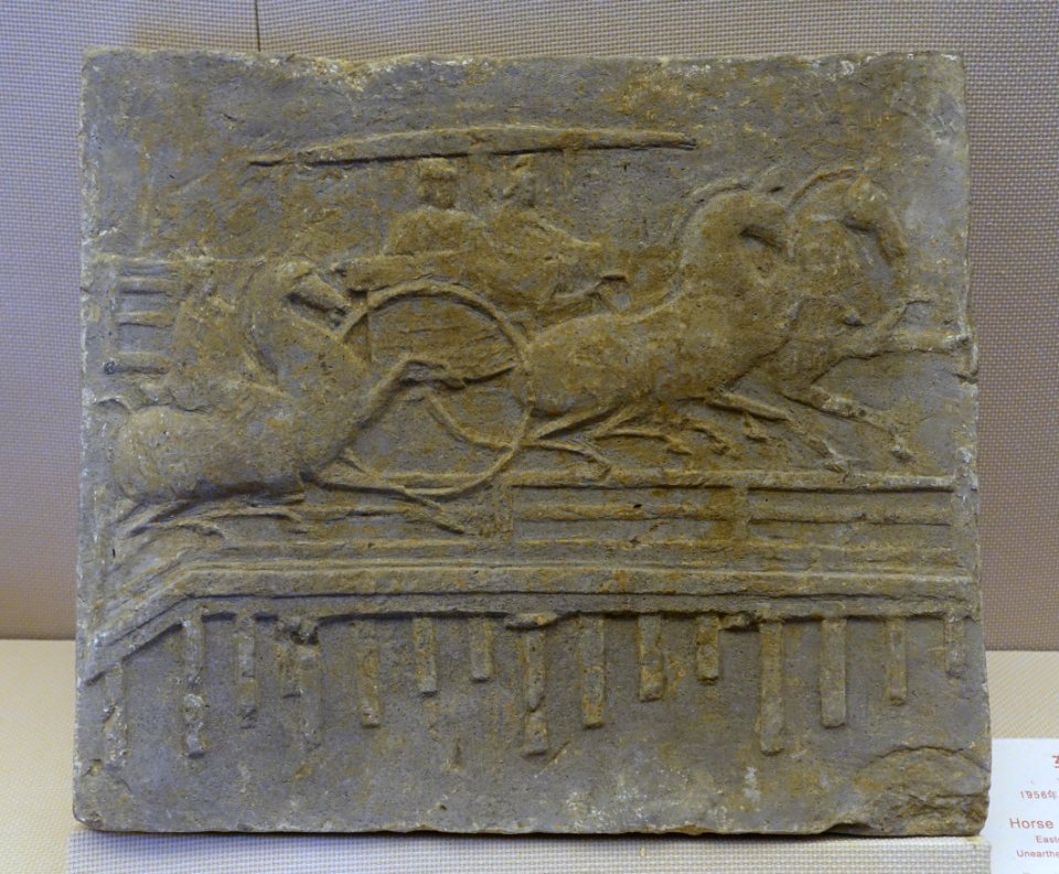 Horse cart crossing a bridge, China, unearthed at Taiodenghe River, Chengdu City, Eastern Han dynasty, 25-220 AD, tomb tile - Sichuan Provincial Museum - Chengdu, China - DSC04812