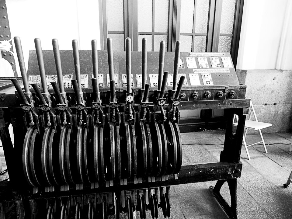 Machinery train station black and white