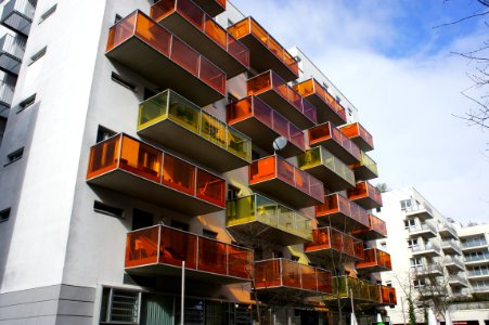 House with orange and yellow balconies in the Voltastrasse, pic1