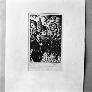 Houtsnede van Johannes Bezaan. Mannen uit Putten worden weggevoerd op 2 oktober , Bestanddeelnr 901-0050