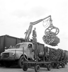 Houtopslagplaatsen, boomstammen, spoorlijnen, wagons, Bestanddeelnr 253-4220