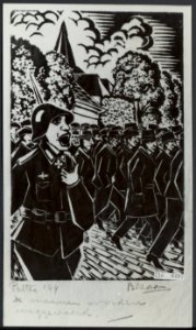 Houtsnede van Johannes Bezaan. Mannen uit Putten worden weggevoerd op 2 oktober , Bestanddeelnr 120-0497