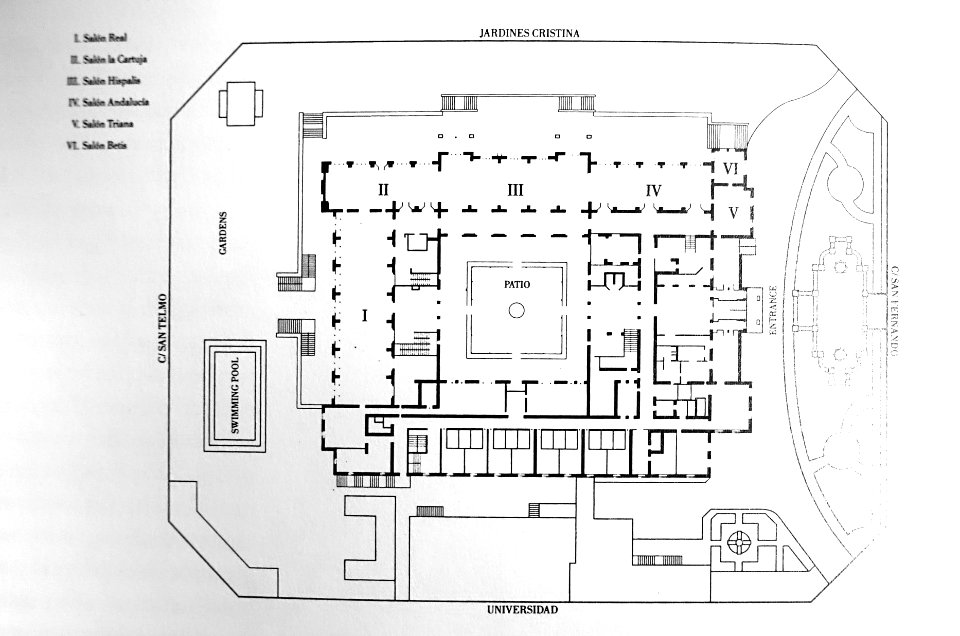Hotel Alfonso XIII, Sevilla, ground floor plan - reprinted in Grand Hotels, Reality and Illusion by Elaine Denby - DSC03868