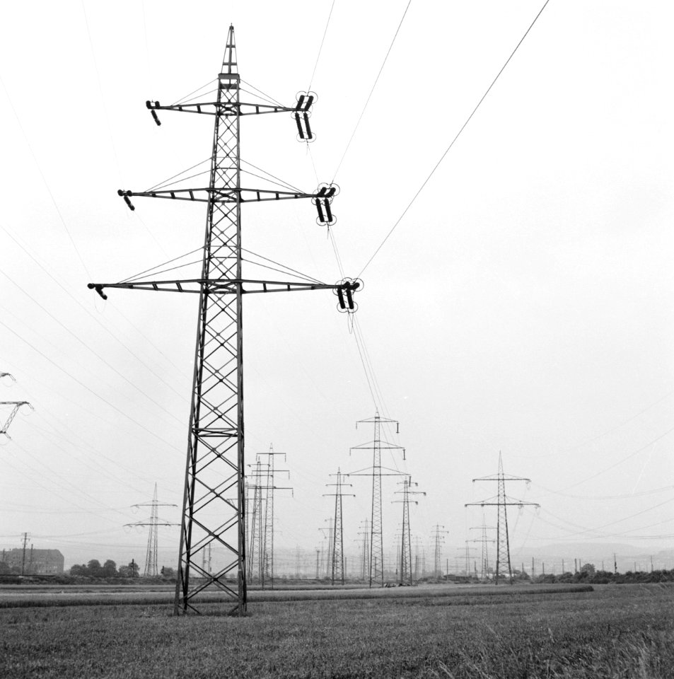 Hoogspanningsmasten in een veld nabij Koblenz, Bestanddeelnr 254-1007