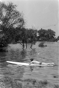 Hoog water in de Rijn surfers in uiterwaarden bij Lobith, Bestanddeelnr 929-7476