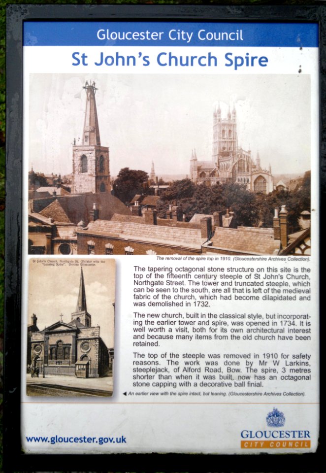 Information panel about St. John's Church spire, Gloucester