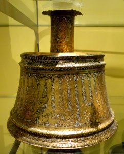 Inscribed candlestick, Syria or Egypt, late 13th to late 14th century, engraved brass, gold and silver inlay - Royal Ontario Museum - DSC04758