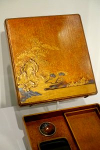 Inkstone box (suzuribako) with intertwined pine and cherry tree design, Japan, Edo period, early 1600s AD, lacquer on wood, silver, stone, metal, enamel - Sackler Museum - Harvard University - DSC01946