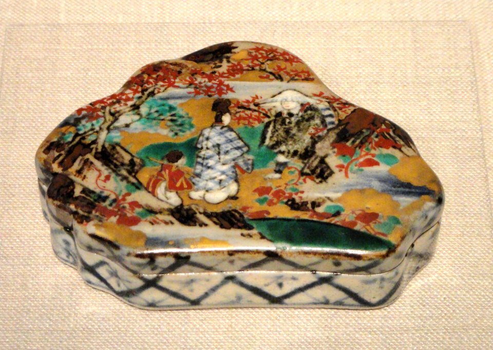 Incense container with design of Narrow Ivy Road, Ogata Kenzan, Japan, Kyoto, Edo period, 1699-1712 AD, stoneware with white slip, cobalt & iron pigments under glaze, enamels over - Freer Gallery of Art - DSC05503