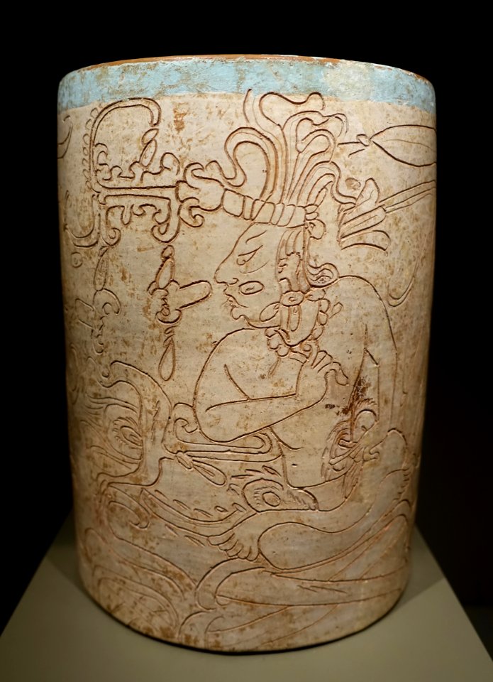 Incised cylindrical vessel depicting an enthroned lord and God K, Maya, Campeche state or Yucatan Peninsula, Late Classic period, c. 600-900 AD, ceramic - Dallas Museum of Art - DSC04645