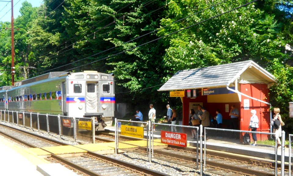 Inbound train at outbound track Wallingford SEPTA station