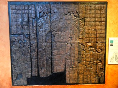 Incised limestone bench support, perhaps depicting head of Chaak, Classic Maya, Palenque, Chiapas, Mexico - San Diego Museum of Man - DSC06879 02