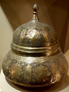 Incense burner with figural and foliate designs, Iran, Qajar dynasty, about 1860, brass - Huntington Museum of Art - DSC05068 photo