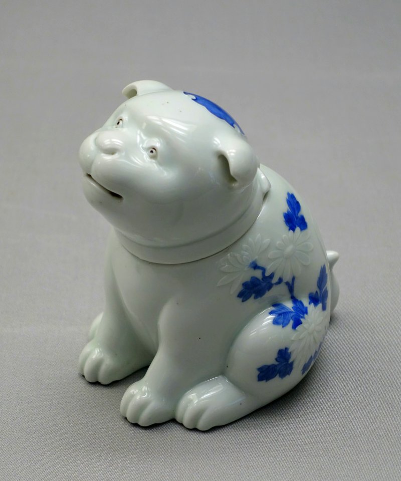 Incense burner in shape of puppy, Hirado ware, Mikawachi kilns, Edo period, 1800s AD, porcelain, underglaze blue - Tokyo National Museum - Ueno Park, Tokyo, Japan - DSC08921